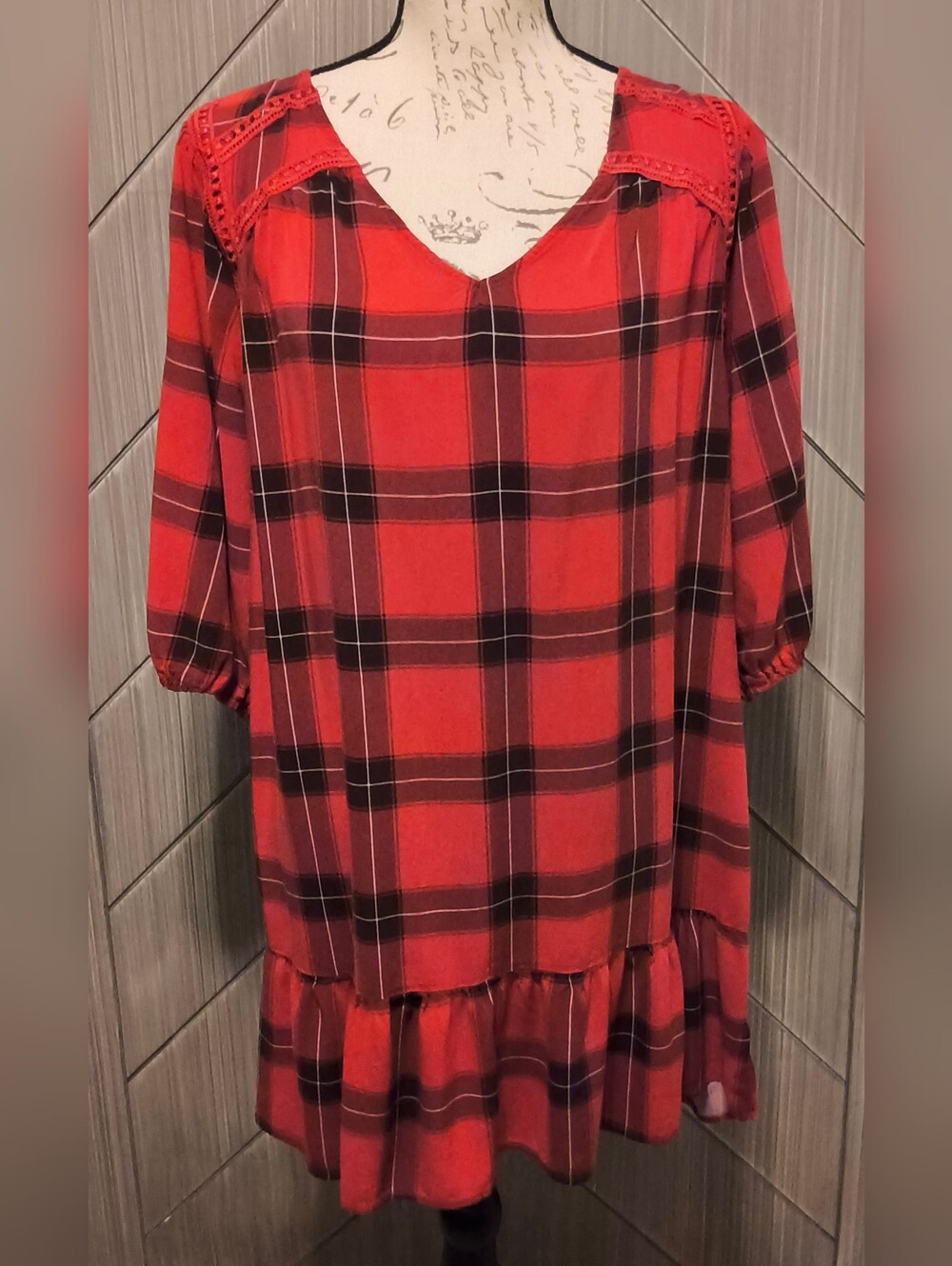 Live to Be Spoiled XL Red Black Plaid Ruffle Tunic Dress Boho Cottage Charming